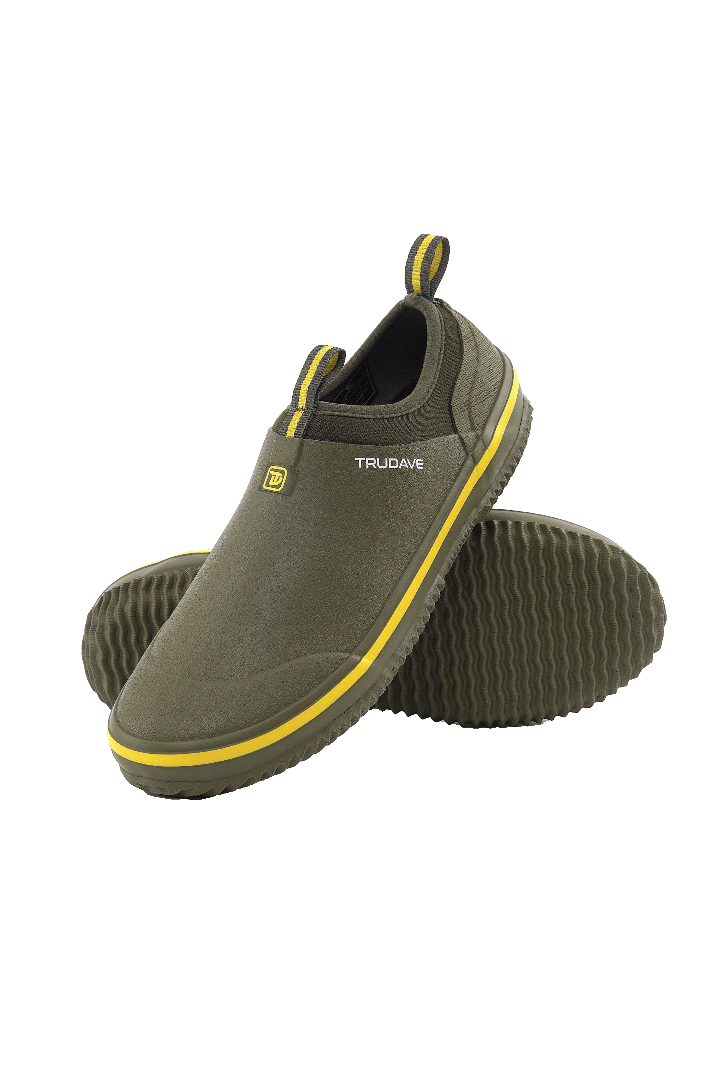 alt="Side view of Trudave GreenStep Series waterproof slip-on garden shoes in olive green color, featuring durable rubber construction, breathable design, and comfortable fit ideal for gardening, yard work, and outdoor chores"